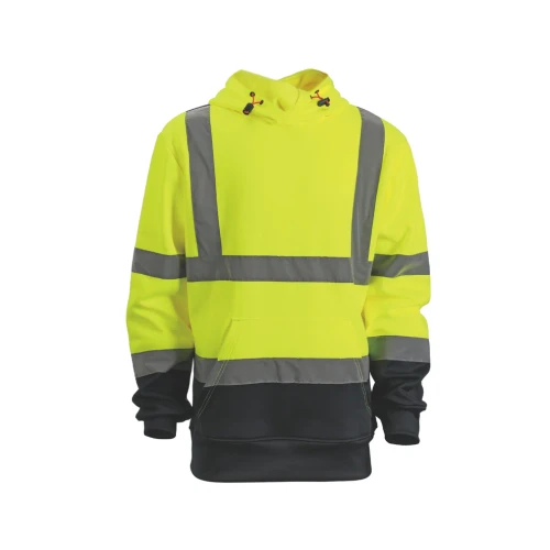 Scruffs High Visibility Hoodie yellow and black front view with reflective tape, adjustable hood and kangaroo pocket