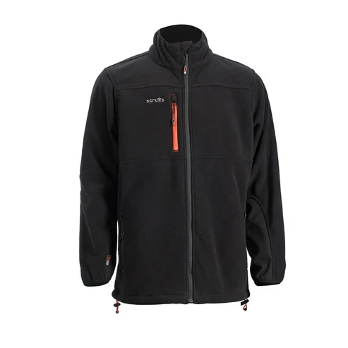Scruffs Abratect Fleece black front view with full zip, zipped chest pocket and orange detailing