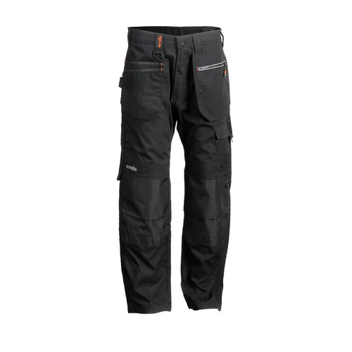 Scruffs Ripstop Trade Trousers black front view with cargo and tool pockets