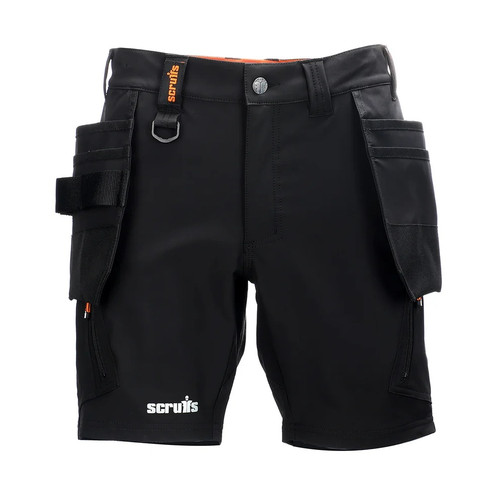 Front view of Scruffs Alverton 8 inch black work shorts with hanging holster pockets, D-ring, zipped thigh pockets and Scruffs logo