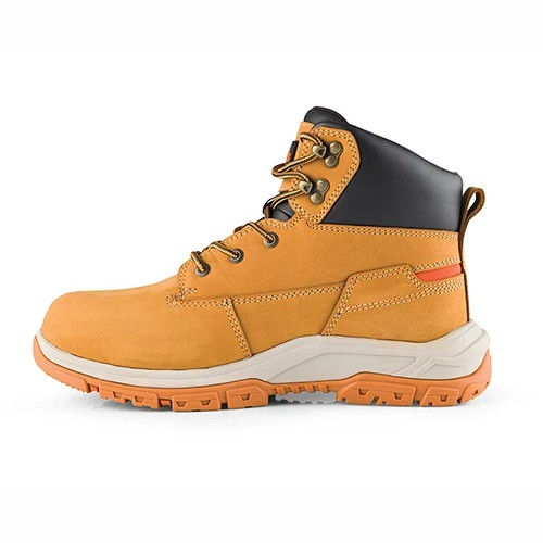Scruffs Ridge tan safety boot in opposite side profile with black padded collar, metal eyelets and orange outsole