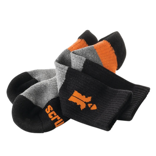 Three pairs of Scruffs Trade Socks in black and grey with orange heel, toe and Scruffs branding