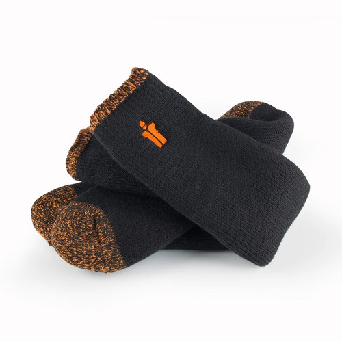 Pair of Scruffs Thermal Socks in black with orange and grey reinforced heel and toe areas