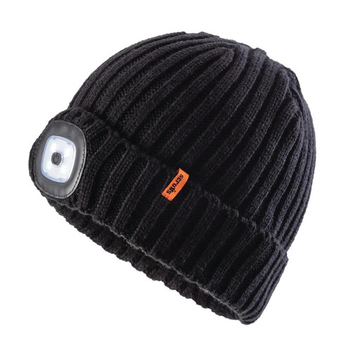 Scruffs LED Beanie Hat in black ribbed knit with integrated circular front LED light
