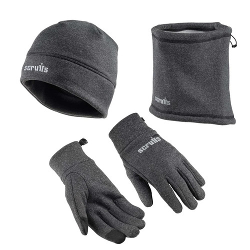 Scruffs Pro Winter Essentials Pack with black beanie, fleece neck warmer and work gloves on a white background