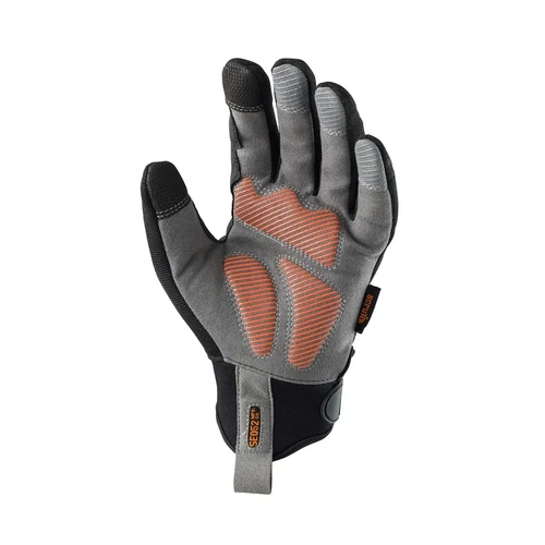 Scruffs Trade Shock Impact Glove palm view showing grey and orange grip padding and reinforced fingers