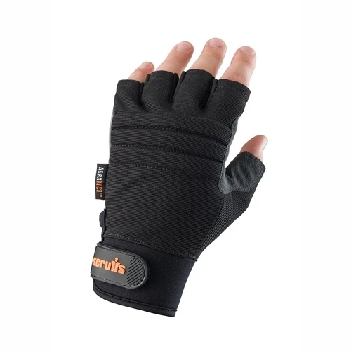 Scruffs Trade Fingerless Glove in black with open fingertips, padded back and adjustable wrist fastening