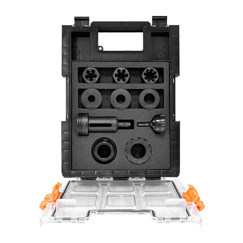 Open HMT ImpactaDie XL kit case showing die holders and threading accessories