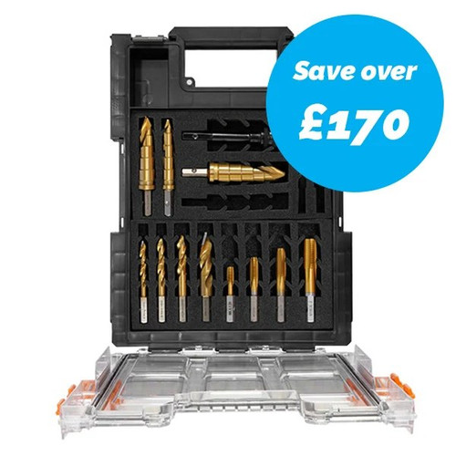 HMT VersaDrive STAKIT ETOP2 Impact Starter Kit – open starter kit with drill-and-tap bits and blue promotional price graphic