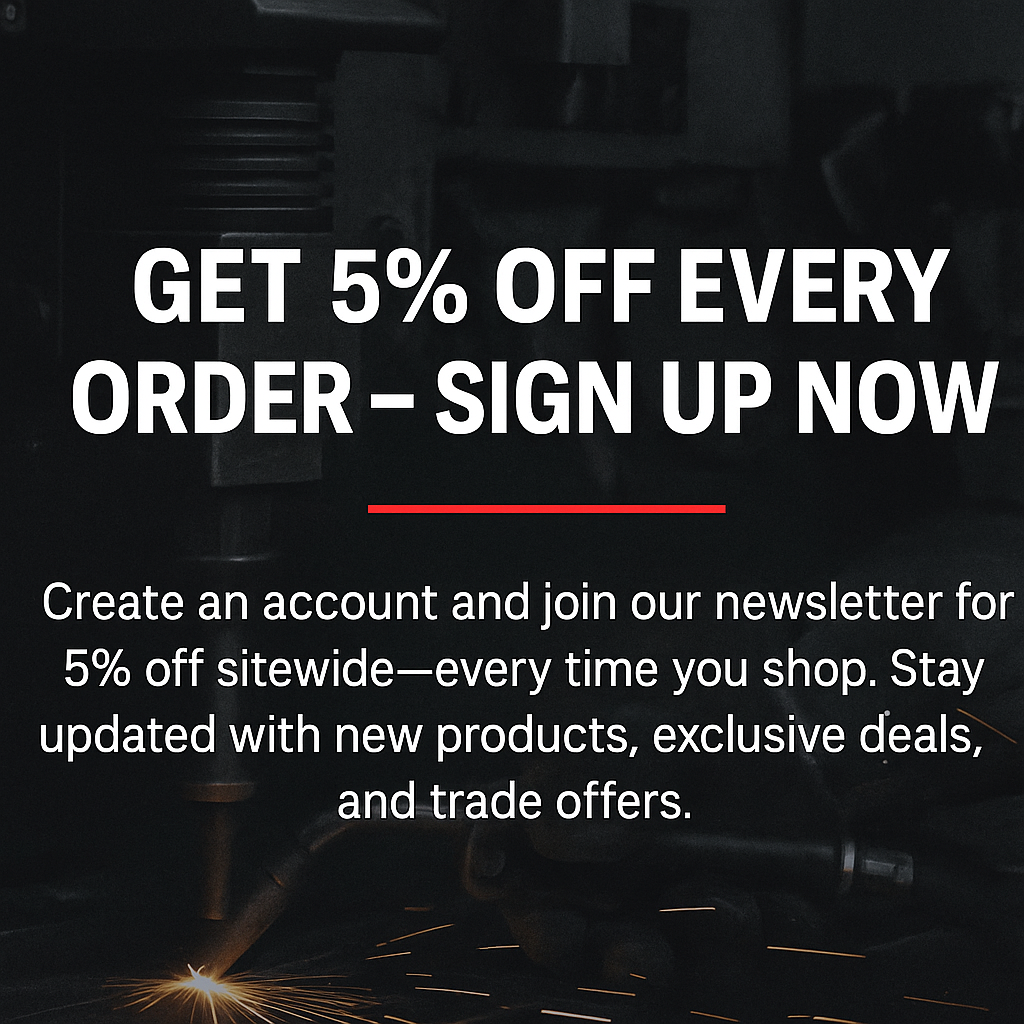 Clean promotional image featuring welding sparks with a bold offer for 5% off every order when signing up at Oneweld Supplies — ideal for regular buyers of welding gear.”