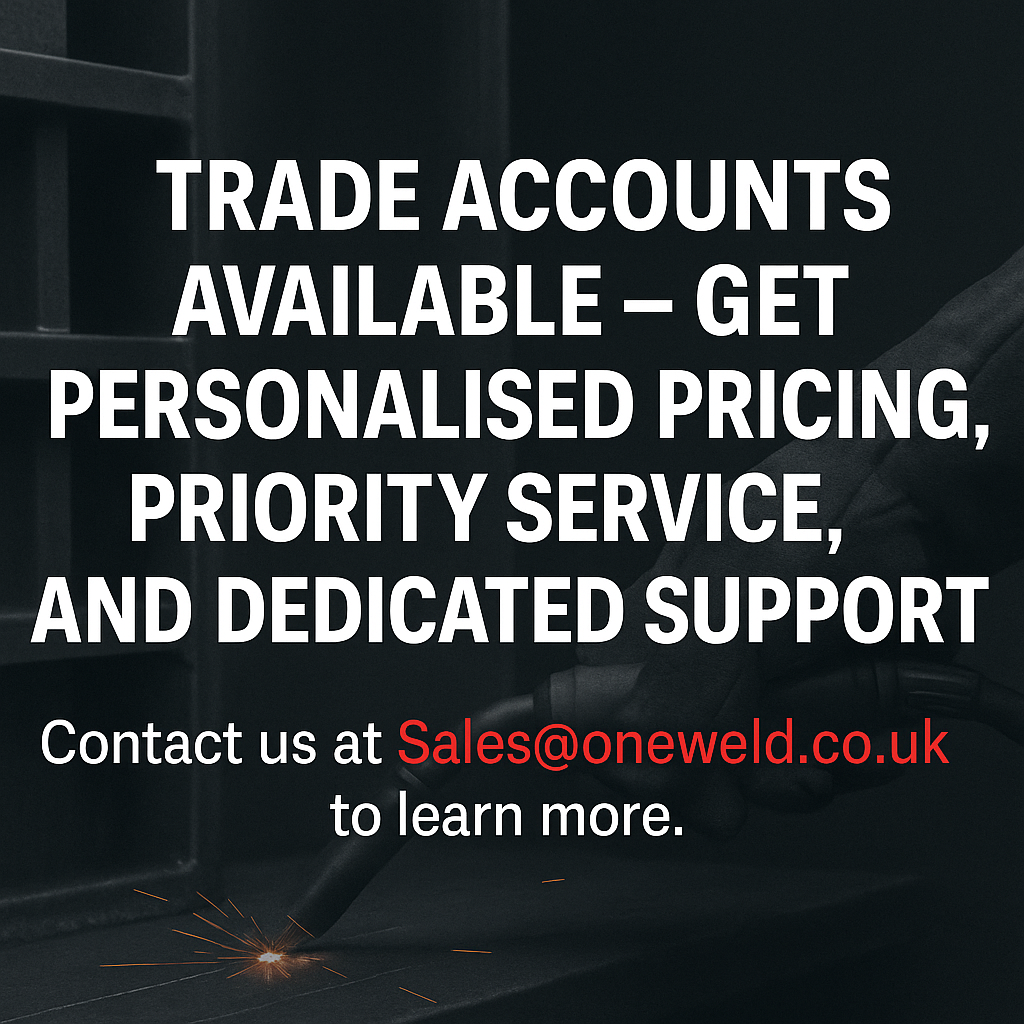 Welding and fabrication background with message promoting trade accounts at Oneweld Supplies, offering better pricing, faster service, and dedicated support for professionals.