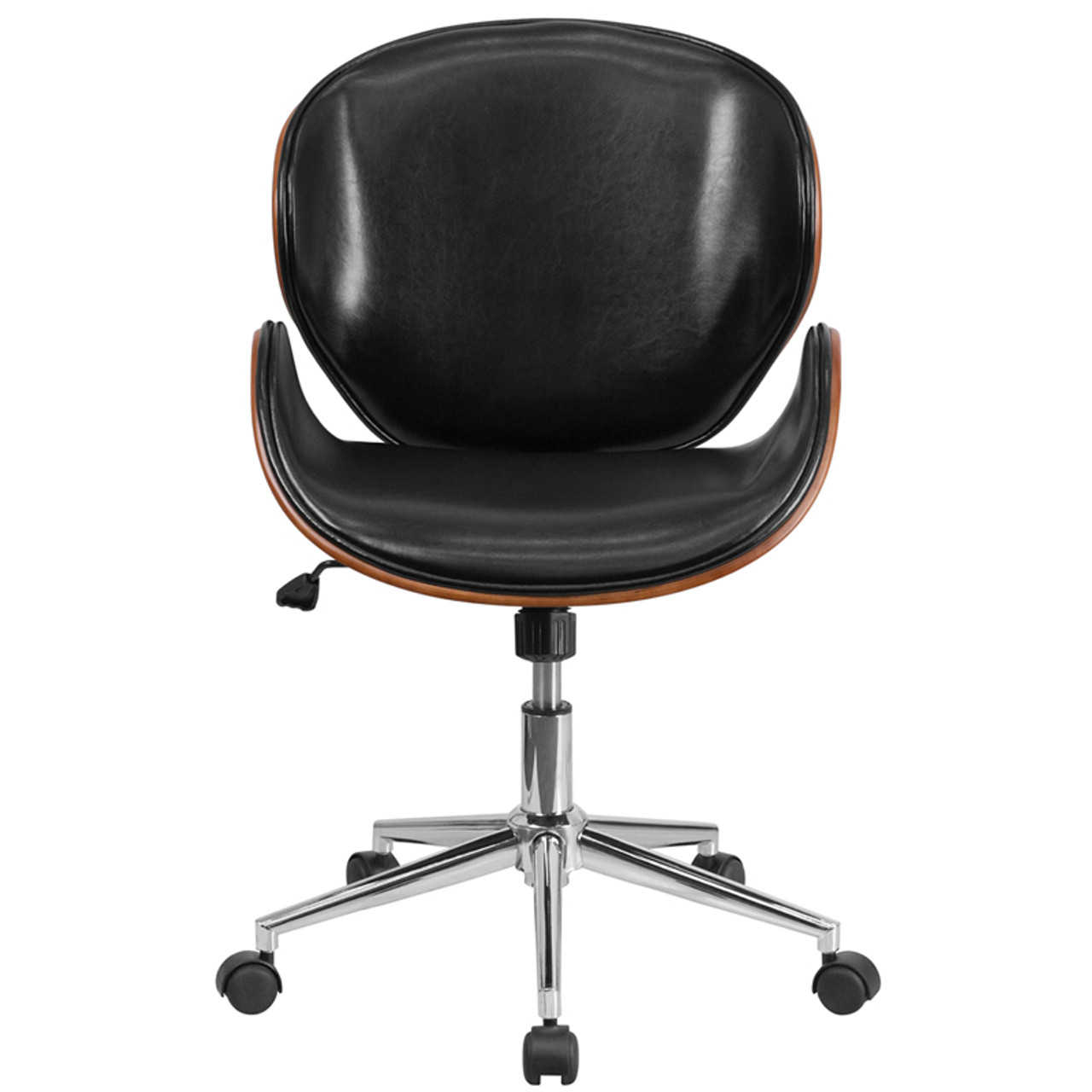 Mid-Back Walnut Wood Swivel Conference Chair in Black Leather