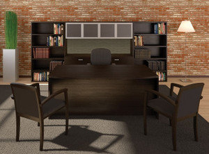 AM-Series Bow Front Executive Desk with Lateral File Storage Credenza, Hutch and Double Bookcases