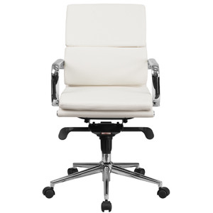 Mid-Back White Leather Executive Swivel Chair with Synchro-Tilt Mechanism and Arms