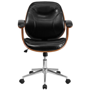 Mid-Back Black Leather Executive Wood Swivel Chair with Arms
