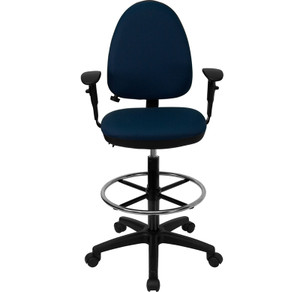 Mid-Back Navy Blue Fabric Multifunction Drafting Chair with Adjustable Lumbar Support and Adjustable Arms