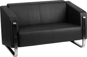 Contemporary Black Leather Loveseat with Stainless Steel Frame