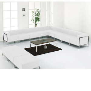 White Leather Sectional & Ottoman Set, 12 Pieces