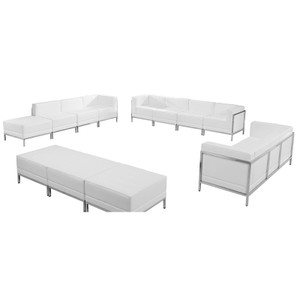 White Leather Sofa, Lounge & Ottoman Set, 12 Pieces