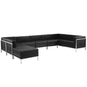 Black Leather U-Shape Sectional Configuration, 7 Pieces