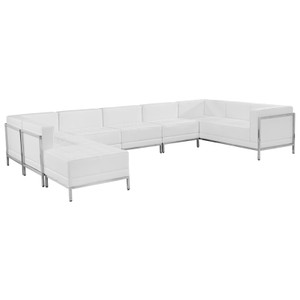 White Leather U-Shape Sectional Configuration, 7 Pieces