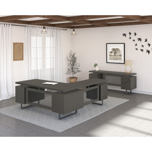 Palis Collection Double Pedestal Executive L-Shape Desk Typical with Credenza Palis Collection Double Pedestal Executive L-Shape Desk Typical with Credenza