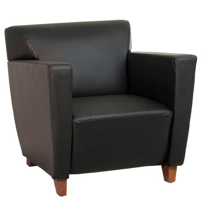 Black Leather Club Chair with Cherry Finish Legs