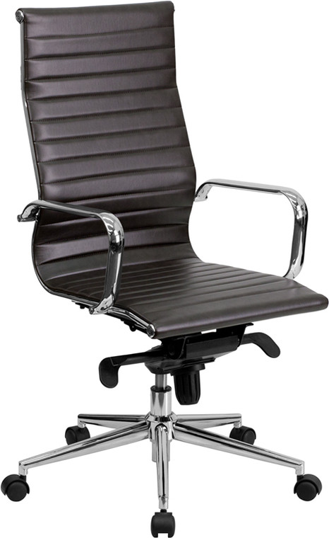 High Back Brown Ribbed Leather Executive Office Chair