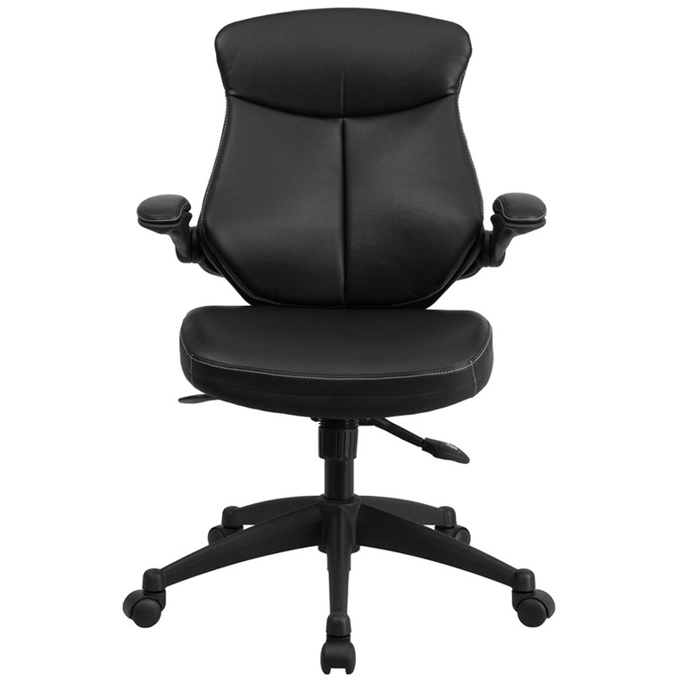 Mid-Back Black Leather Executive Swivel Chair with Back Angle Adjustment and Flip-Up Arms