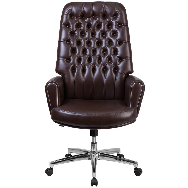 High Back Traditional Tufted Brown Leather Executive Swivel Chair with Arms