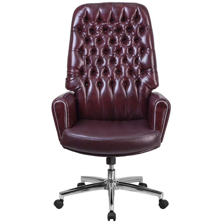 High Back Traditional Tufted Burgundy Leather Executive Swivel Chair with Arms