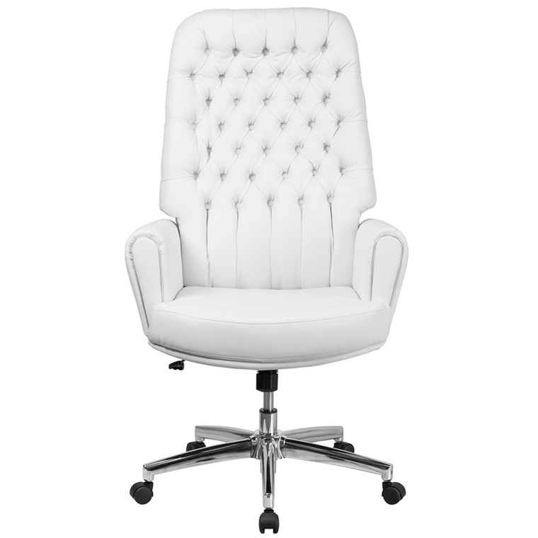 High Back Traditional Tufted White Leather Executive Swivel Chair with Arms
