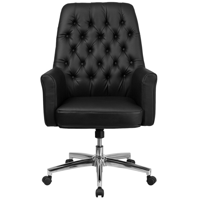 Mid-Back Traditional Tufted Black Leather Executive Swivel Chair with Arms