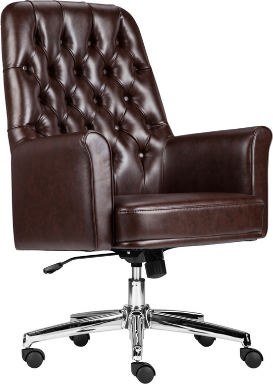 Mid-Back Traditional Tufted Brown Leather Executive Swivel Chair with Arms
