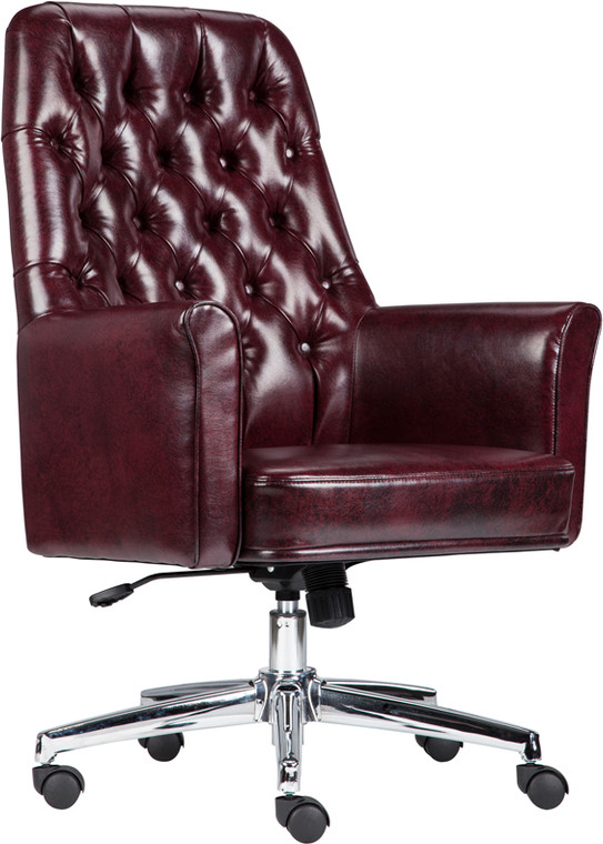 Mid-Back Traditional Tufted Burgundy Leather Executive Swivel Chair with Arms