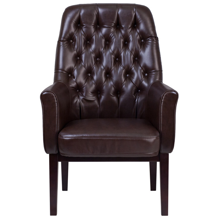 High Back Traditional Tufted Brown Leather Side Reception Chair