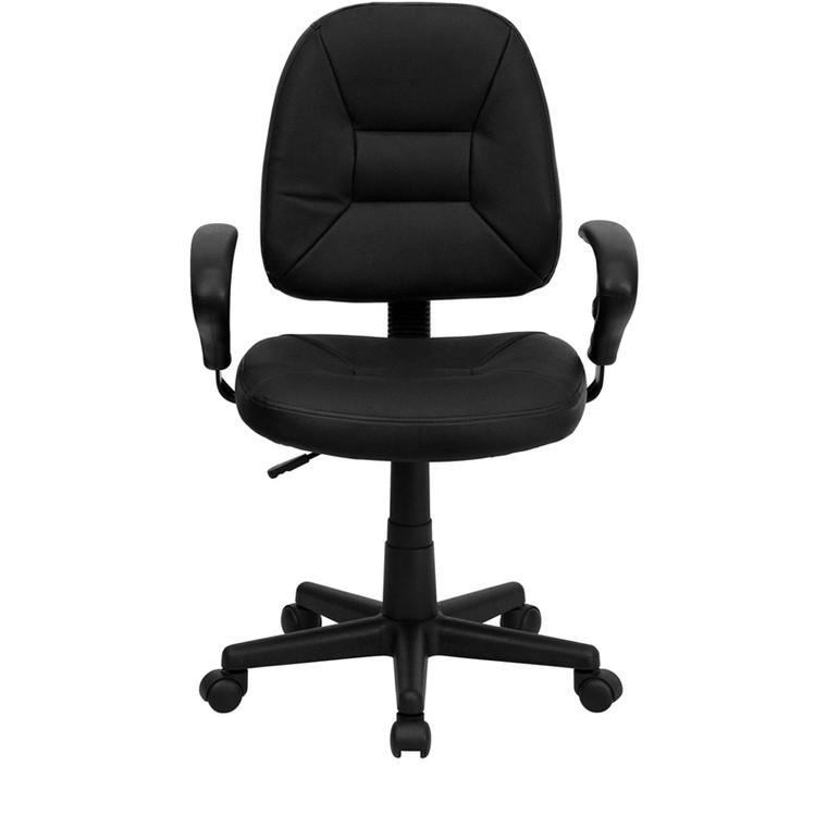 Mid-Back Black Leather Ergonomic Swivel Task Chair with Adjustable Arms