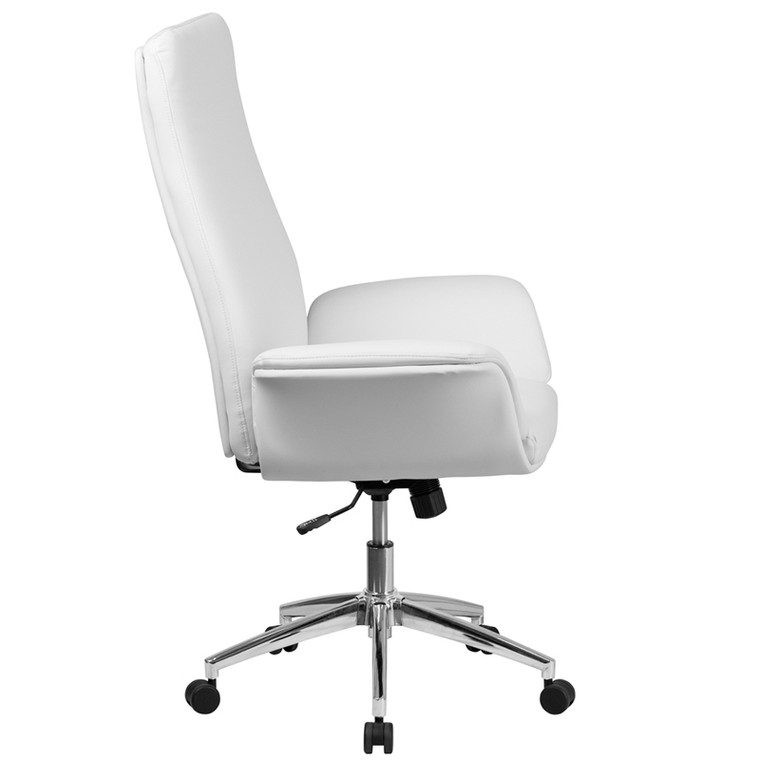 High Back White Leather Executive Swivel Chair with Flared Arms