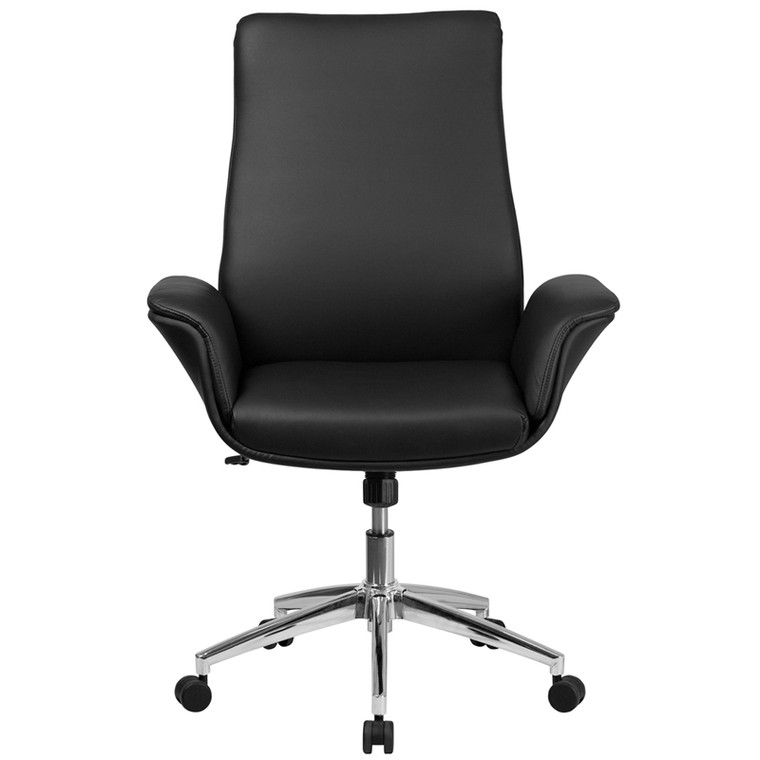 Mid-Back Black Leather Executive Swivel Chair with Flared Arms