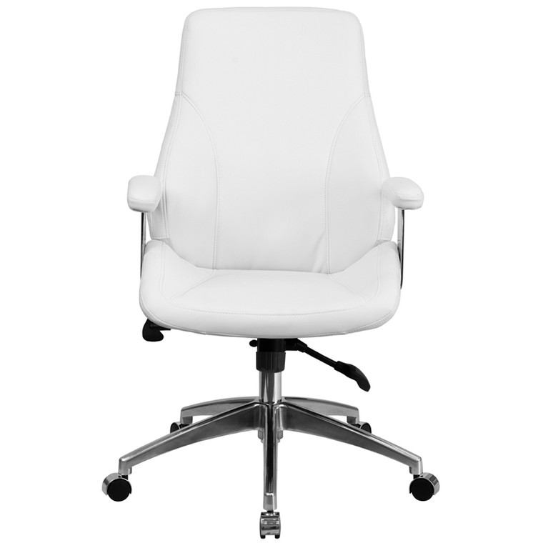 Mid-Back White Leather Executive Swivel Chair with Arms