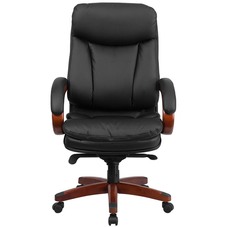 High Back Black Leather Executive Swivel Chair with Synchro-Tilt Mechanism, Mahogany Wood Base and Arms