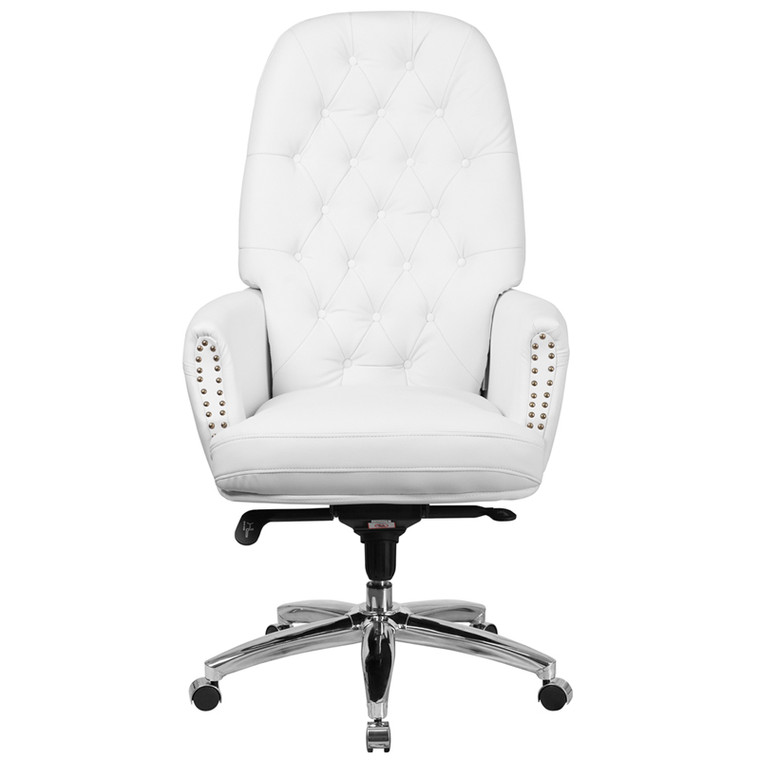 High Back Traditional Tufted White Leather Multifunction Executive Swivel Chair with Arms