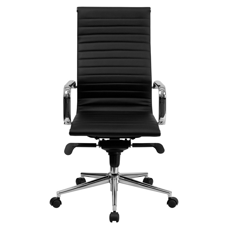 High Back Black Ribbed Leather Executive Swivel Chair with Knee-Tilt Control and Arms