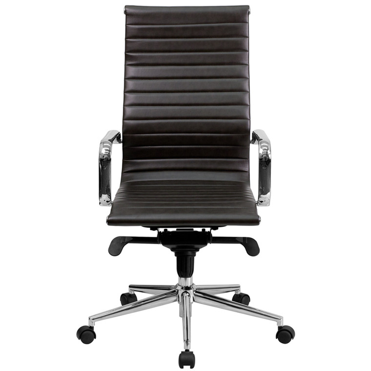 High Back Brown Ribbed Leather Executive Swivel Chair with Knee-Tilt Control and Arms