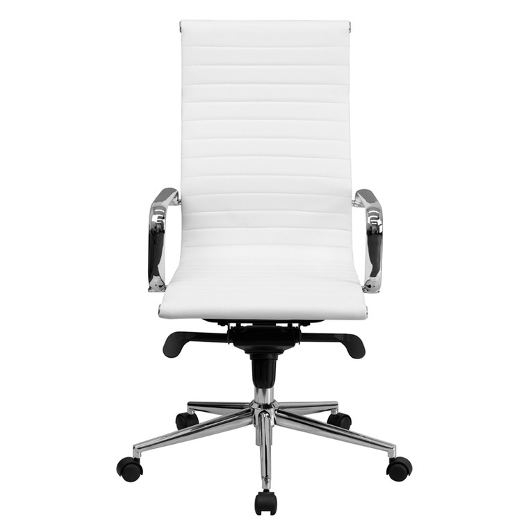 High Back White Ribbed Leather Executive Swivel Chair with Knee-Tilt Control and Arms