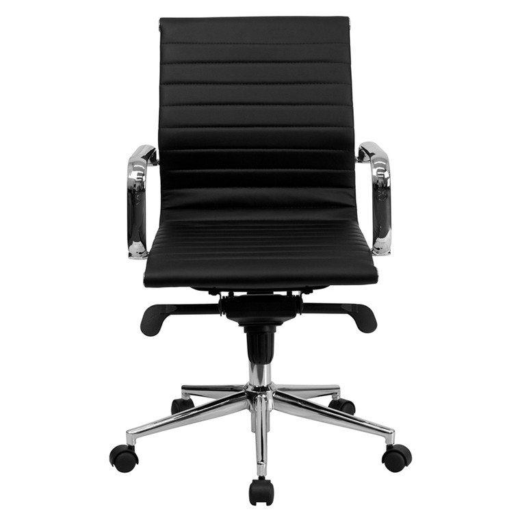 Mid-Back Black Ribbed Leather Swivel Conference Chair with Knee-Tilt Control and Arms