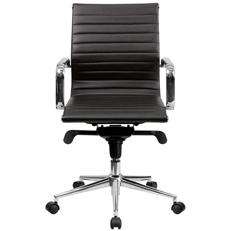 Mid-Back Brown Ribbed Leather Swivel Conference Chair with Knee-Tilt Control and Arms