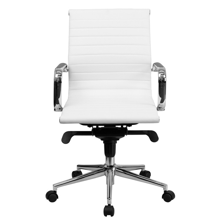 Mid-Back White Ribbed Leather Swivel Conference Chair with Knee-Tilt Control and Arms