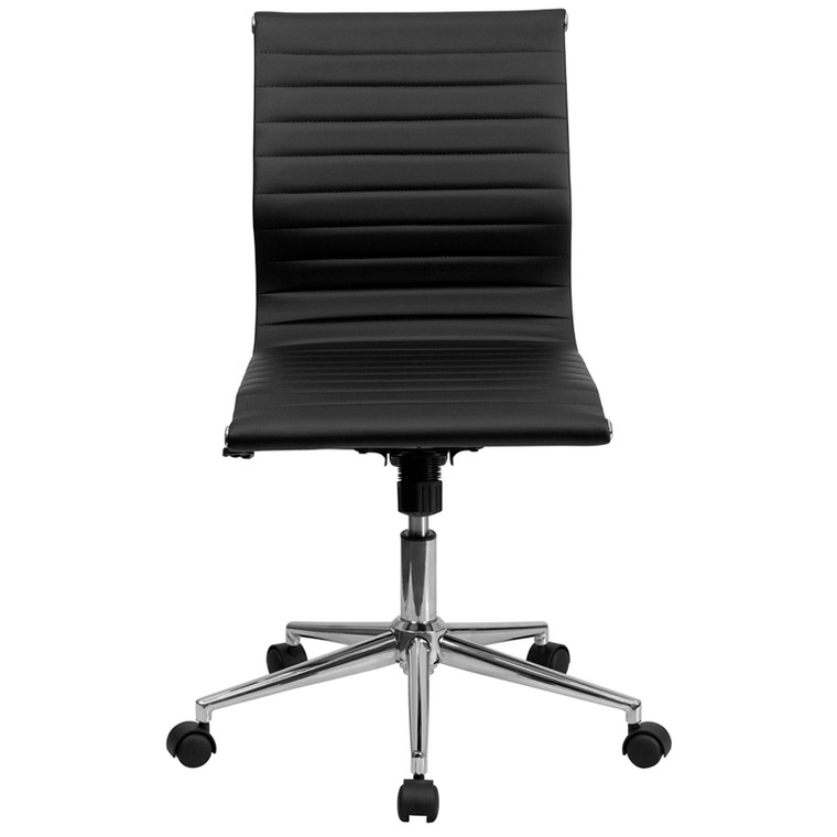 Mid-Back Armless Black Ribbed Leather Swivel Conference Chair