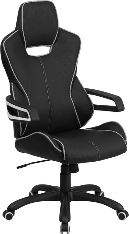 High Back Black Vinyl Executive Swivel Chair with White Trim and Arms